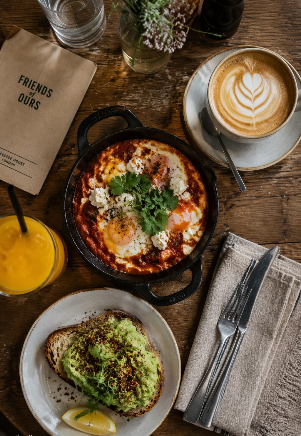 Overhead brunch spread at SBR Enterprises — baked shakshuka, smashed avocado on sourdough, a flat white and fresh-pressed orange juice
