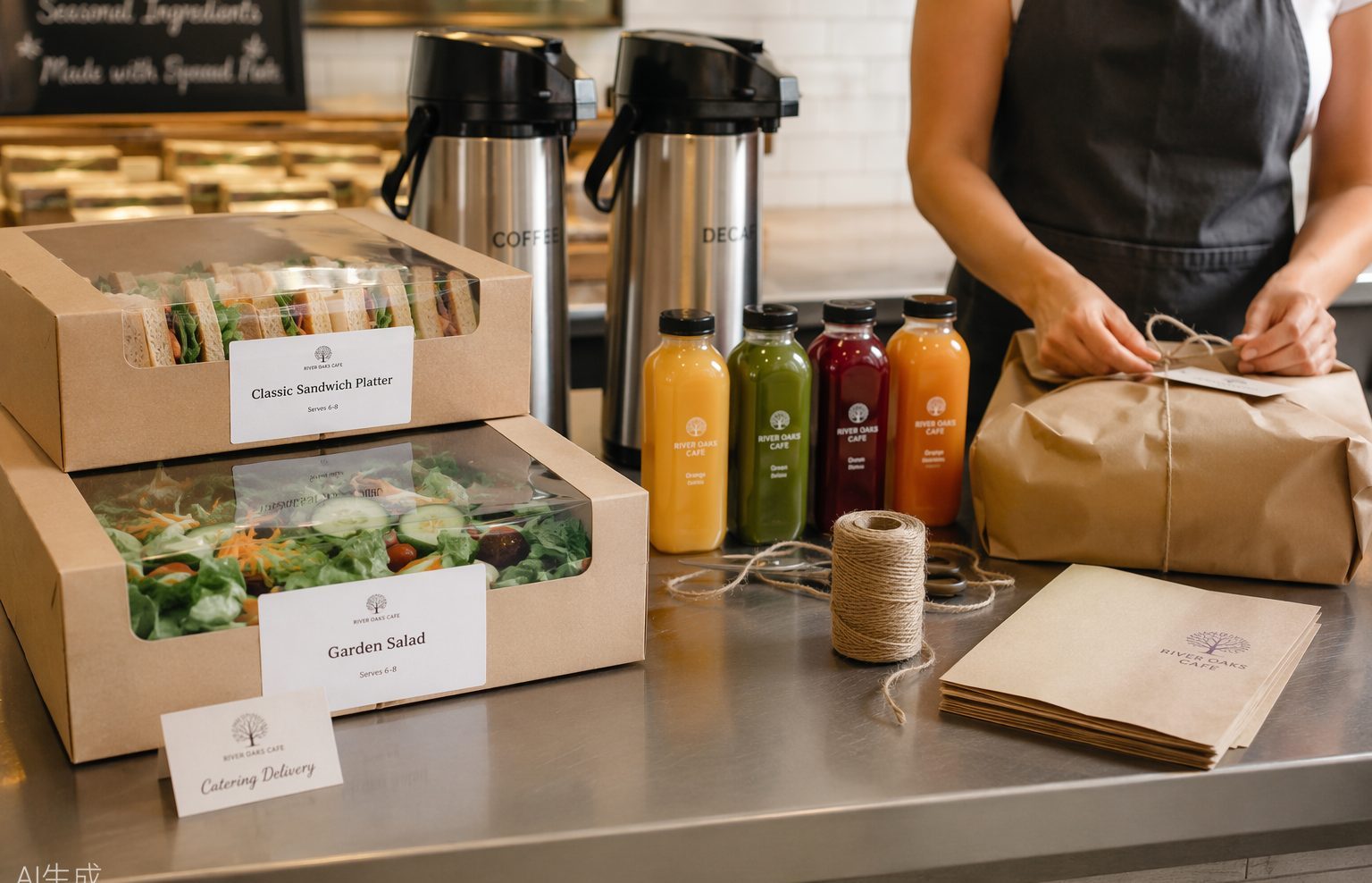 Kraft catering boxes with labelled platters being packed for delivery — coffee urns and fresh juice bottles ready to go