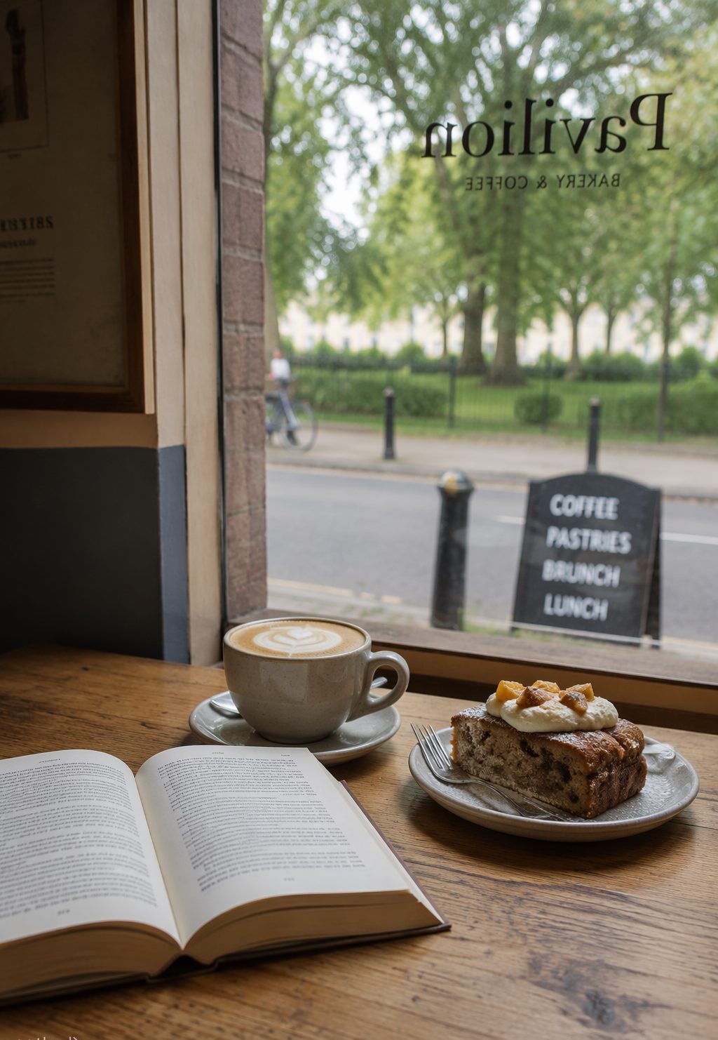 Window table with an open book, a flat white and a slice of seasonal cake — the park just visible outside